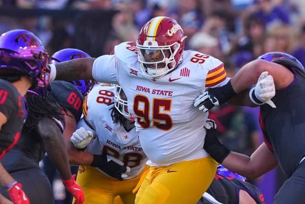 Iowa State defensive lineman Domonique Orange (95) breaks through the offensive line of scrimmage against TCU during the first half of an NCAA college football game Saturday, Nov. 8, 2025, in Fort Worth, Texas. (AP Photo/LM Otero)