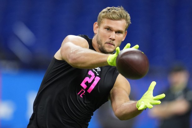 Stanford tight end Sam Roush runs a drill at the NFL Scouting Combine in Indianapolis, Friday, Feb. 27, 2026. (AP Photo/Michael Conroy)