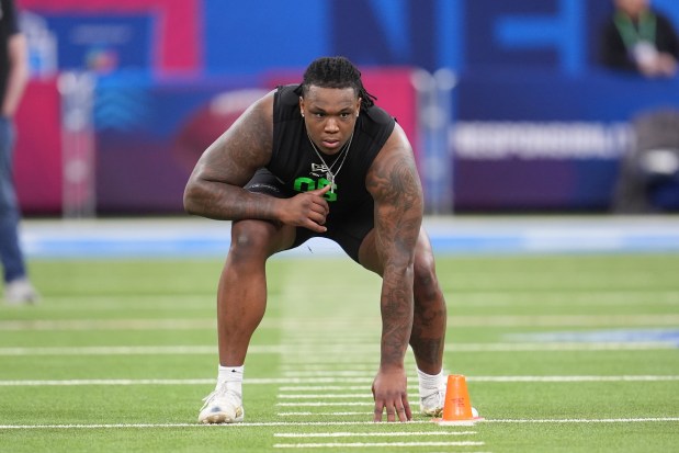 Boston College offensive lineman Jude Bowry runs a drill at the NFL football scouting combine in Indianapolis, Sunday, March 1, 2026. (AP Photo/Michael Conroy)