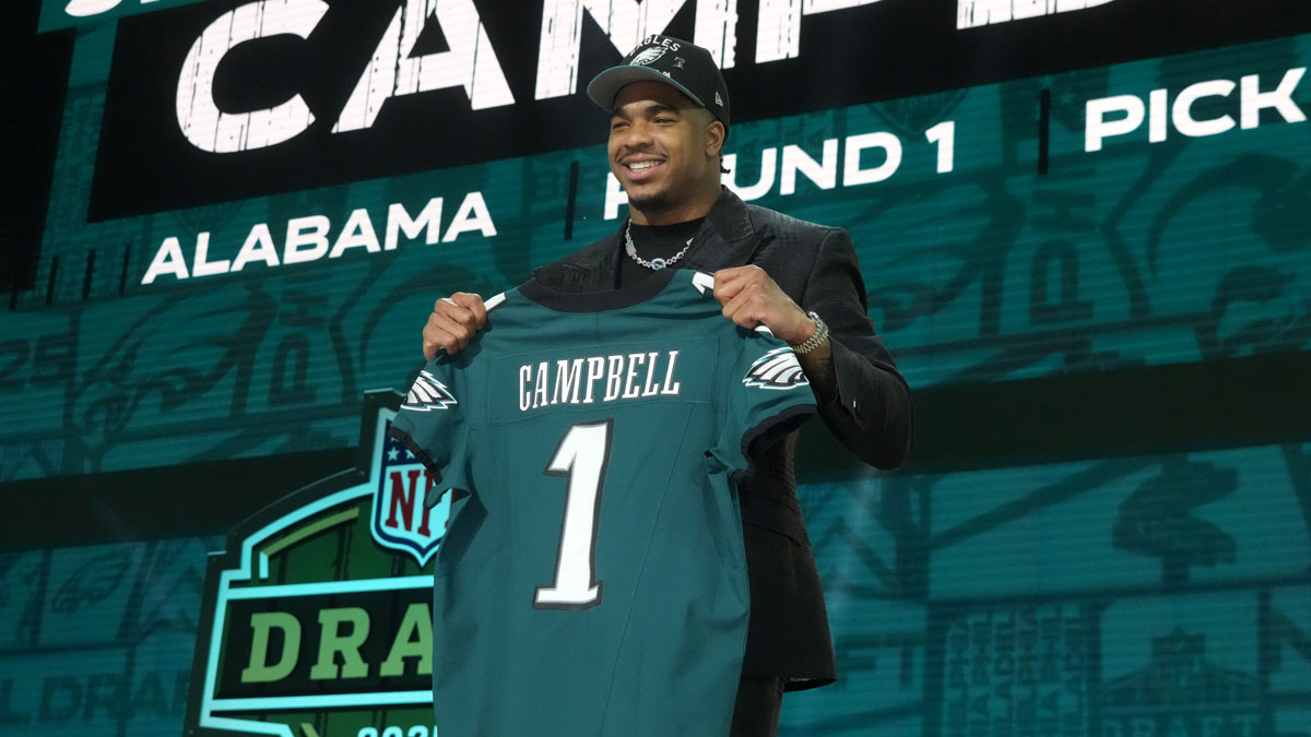 Alabama Crimson Tide linebacker Jihaad Campbell is selected by the Philadelphia Eagles as the number 31 pick in the first round of the 2025 NFL Draft at Lambeau Field.