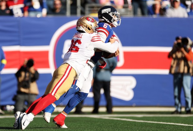 Clelin Ferrell #96 of the San Francisco 49ers sacks Jaxson Dart #6 of the New York Giants during the first half in the game at MetLife Stadium on Nov. 02, 2025 in East Rutherford, New Jersey. (Photo by Sarah Stier/Getty Images)