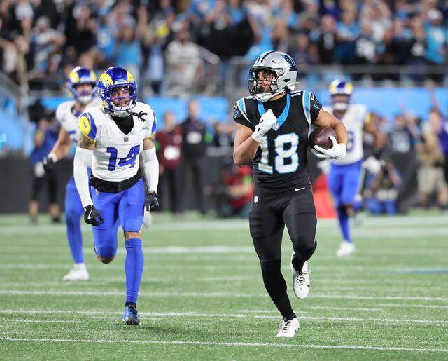 Carolina Panthers receiver Jalen Coker rushes for yardage during the team’s wild-card playoff game against the Los Angeles Rams on Jan. 10, 2026.  