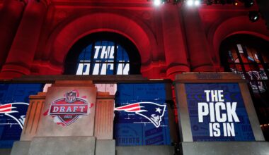 The display when the Patriots' pick was in during the 2023 NFL Draft.