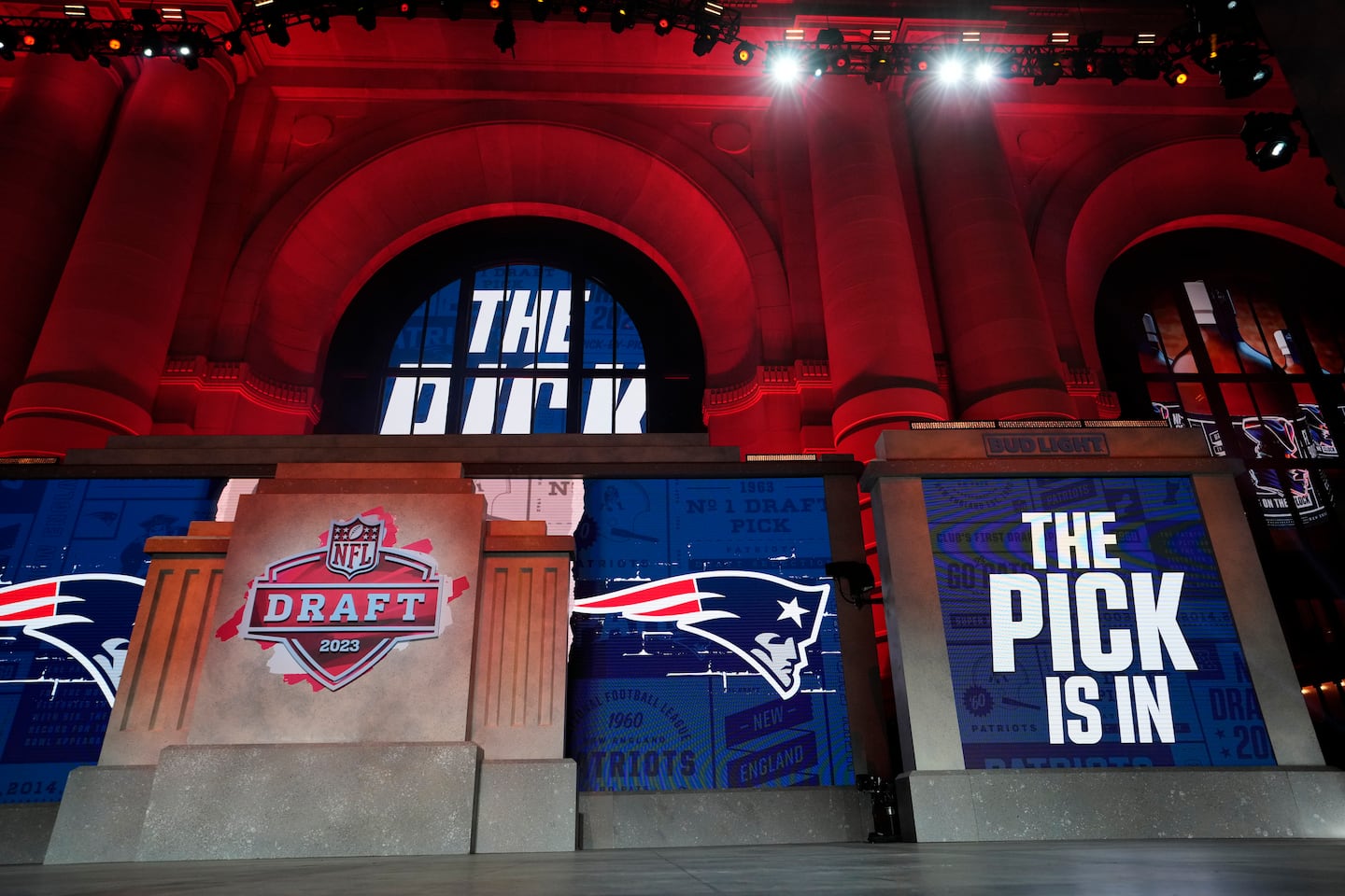 The display when the Patriots' pick was in during the 2023 NFL Draft.