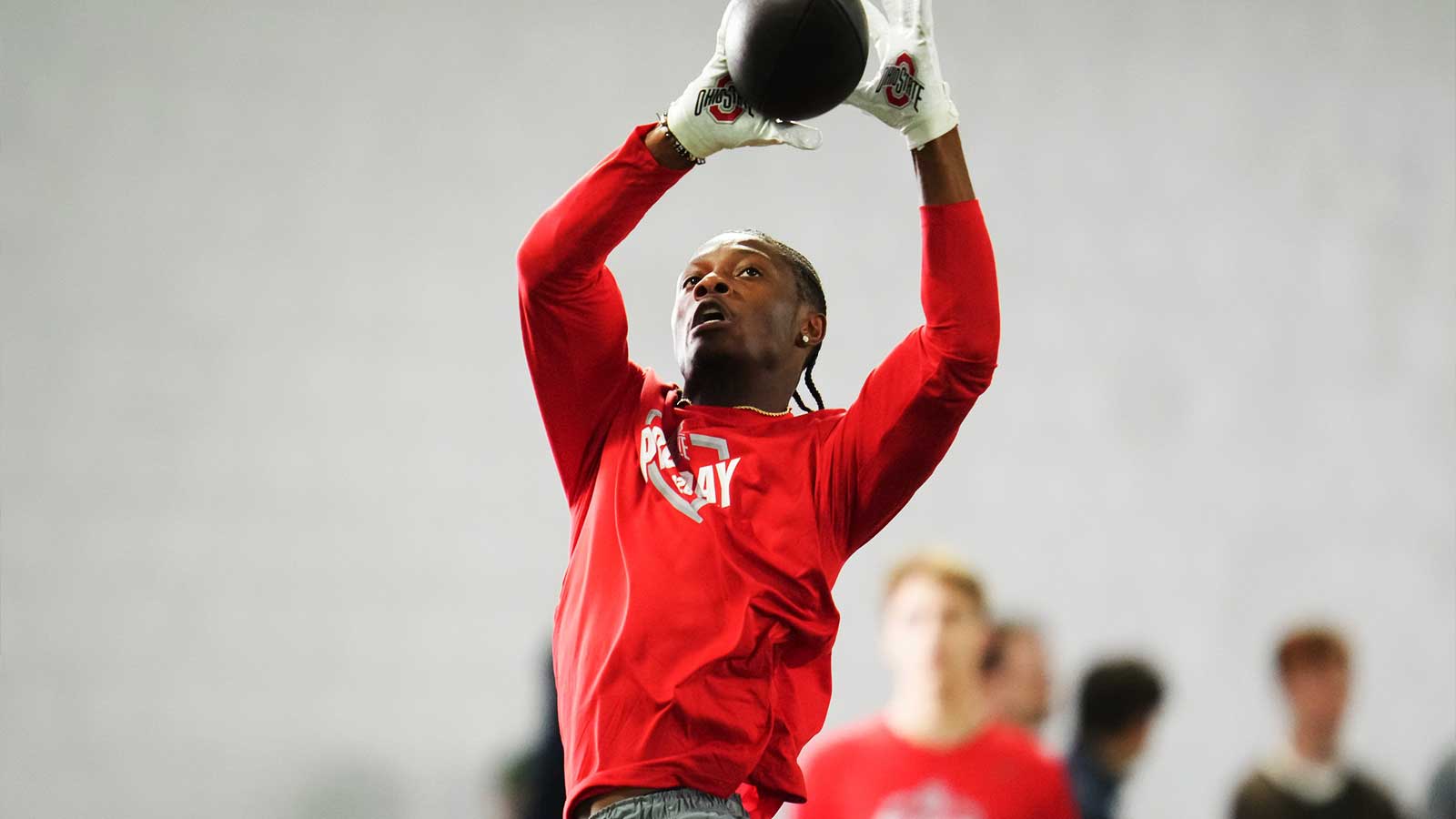 Ohio State Buckeyes wide receiver Carnell Tate catches a ball during Pro Day for NFL scouts at the Woody Hayes Athletics Center on March 25, 2026.