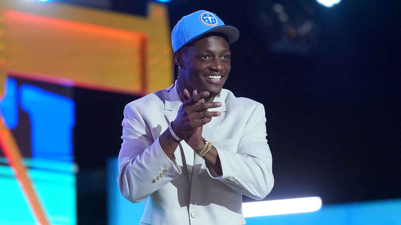 Ohio State Buckeyes receiver Carnell Tate is selected by the Tennessee Titans as the number four pick during the 2026 NFL Draft at Acrisure Stadium.