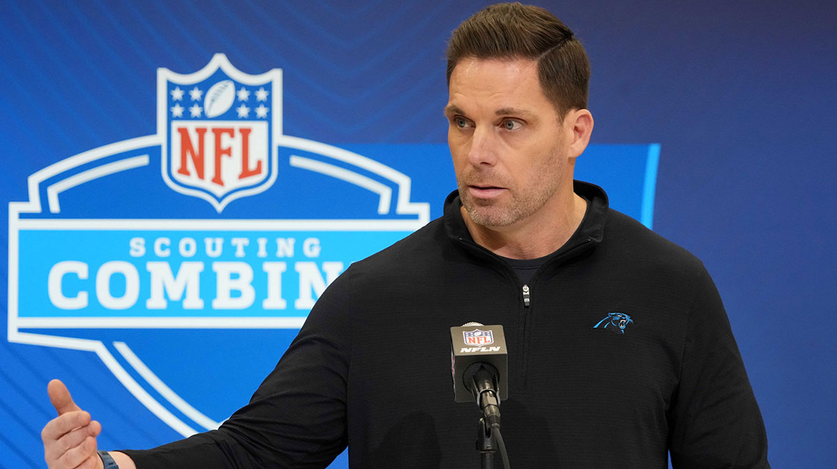 Carolina Panthers general manager Dan Morgan speaks during the NFL Scouting Combine at the Indiana Convention Center.