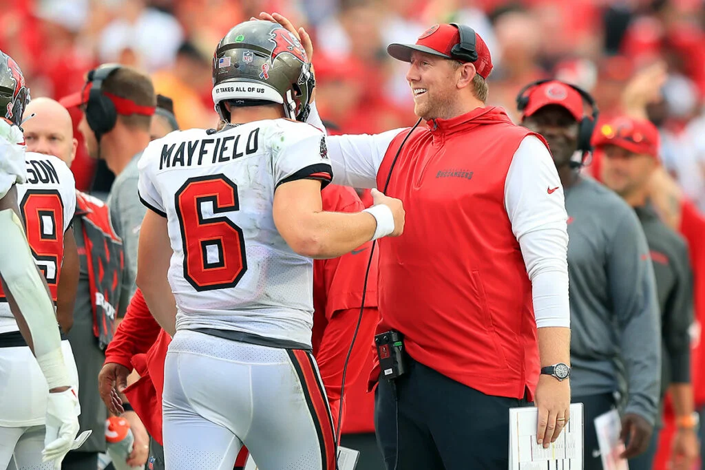 Liam Coen Discusses Bucs Oc Zac Robinson, Baker Mayfield'S Contract Year 4 Bucs Qb Baker Mayfield And Oc Liam Coen