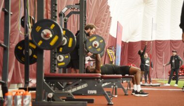 Morgan State's Erick Hunter completes 16 repetitions on the bench press during the HBCU Showcase on March 30, 2026, at the Washington Commanders' practice facility in Ashburn, Va.