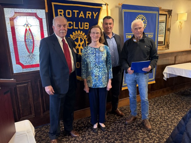 Broomall Rotary President-Elect Joe Viola, third from left, installed new Rotary members, left to right, Howard Strong, Mollie Fahnstock and Jody Tzirlin at the Rotary's most recent dinner meeting at Charlotte's Restaurant. (PEG DEGRASSA/ DAILY TIMES)