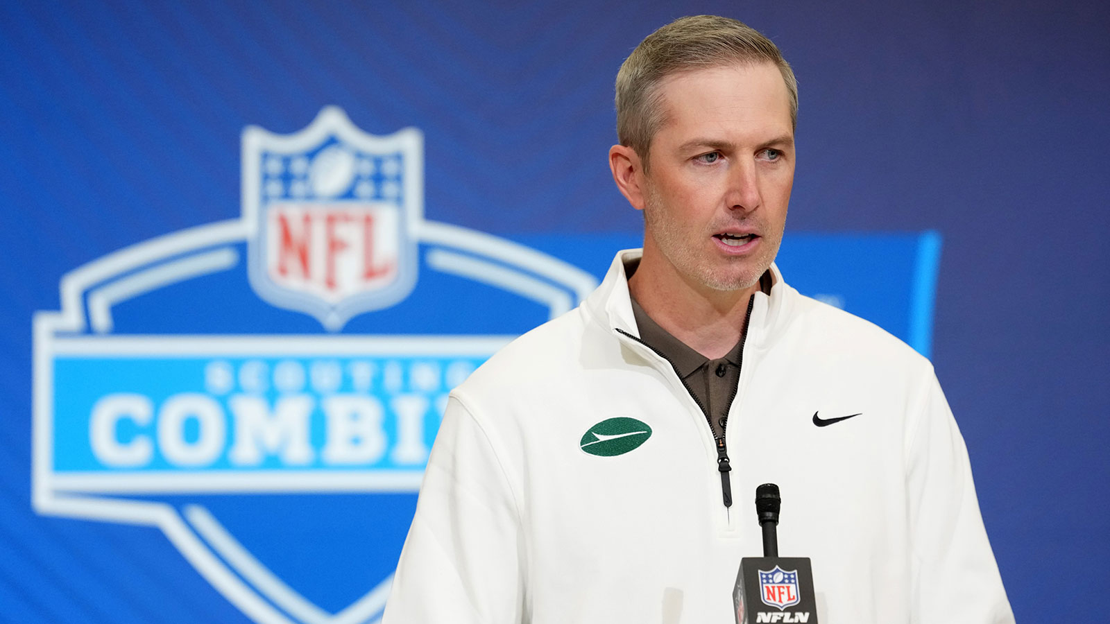New York Jets general manager Darren Mougey speaks at the NFL Scouting Combine at the Indiana Convention Center.