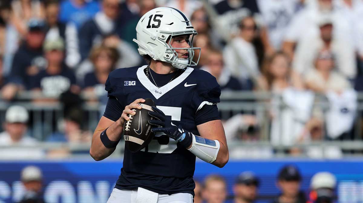 Penn State Nittany Lions quarterback Drew Allar (15) looks to throw a pass during the first quarter against the Northwestern Wildcats at Beaver Stadium.