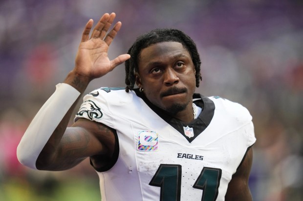 Philadelphia Eagles receiver A.J. Brown walks off the field after a win over the Minnesota Vikings on Oct. 19, 2025, in Minneapolis. (Abby Parr/AP)