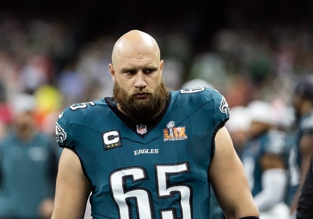 Philadelphia Eagles right tackle Lane Johnson addresses the media on June 10, 2025, in Philadelphia. (Kyle Ross/Getty Images) 