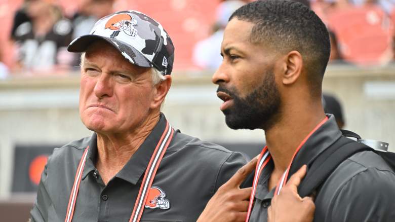 Cleveland Browns co-owner Jimmy Haslam talks with General Manager Andrew Berry