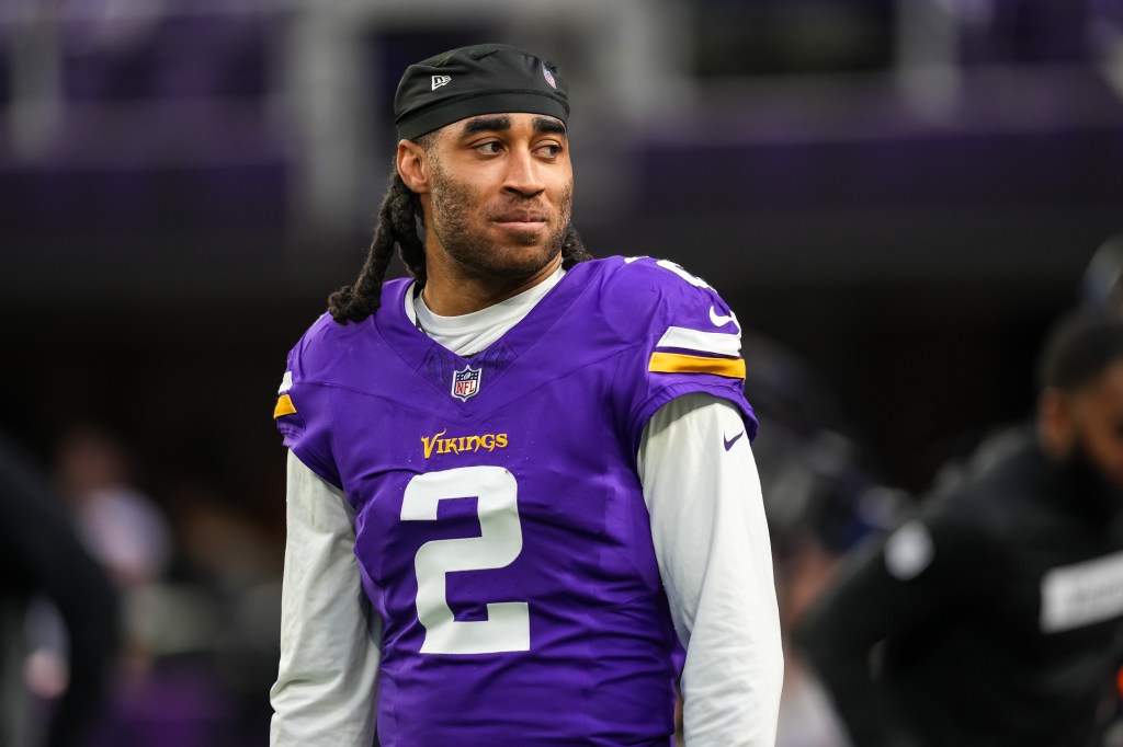 Stephon Gilmore #2 of the Minnesota Vikings looks on prior to a game between the Minnesota Vikings and Green Bay Packers at U.S. Bank Stadium on December 29, 2024 in Minneapolis, Minnesota. 