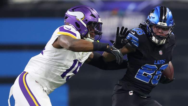 Minnesota Vikings edge rusher and 2024 first round pick, Dallas Turner, chasing Detroit Lions running back, Jahmyr Gibbs, in the first quarter on January 5, 2025.