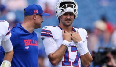Buffalo Bills head coach Joe Brady and QB Josh Allen