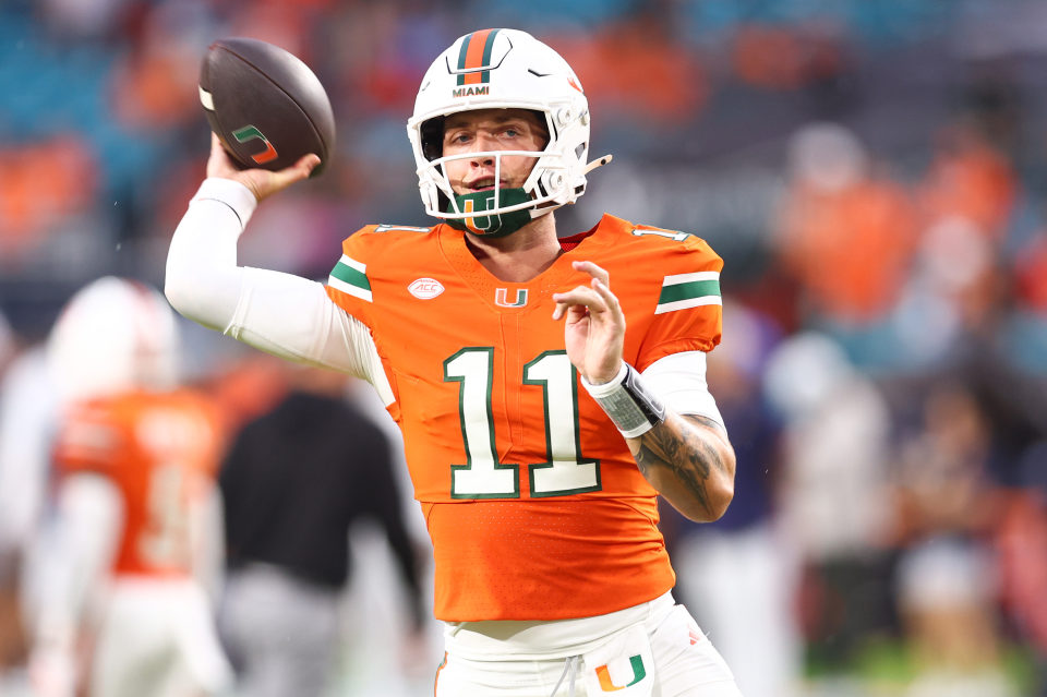 MIAMI GARDENS, FLORIDA - AUGUST 31: Carson Beck #11 of the Miami Hurricanes warms up prior to a game against the Notre Dame Fighting Irish at Hard Rock Stadium on August 31, 2025 in Miami Gardens, Florida. (Photo by Megan Briggs/Getty Images)