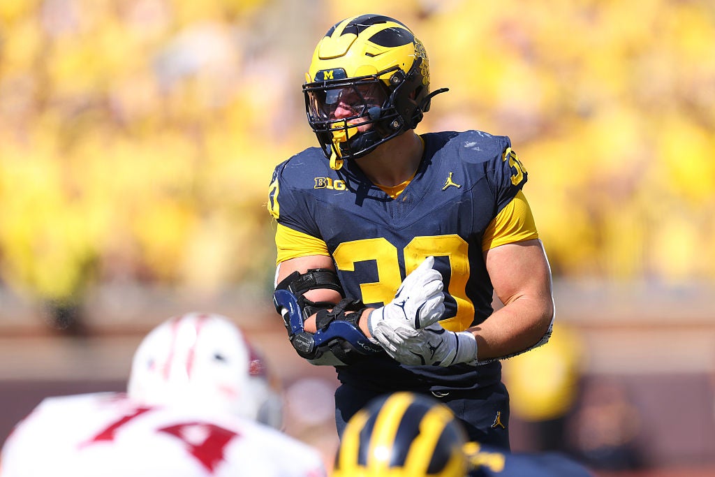 ANN ARBOR, MICHIGAN - OCTOBER 04: Jimmy Rolder #30 of the Michigan Wolverines plays against the Wisconsin Badgers at Michigan Stadium on October 04, 2025 in Ann Arbor, Michigan. (Photo by Gregory Shamus/Getty Images)