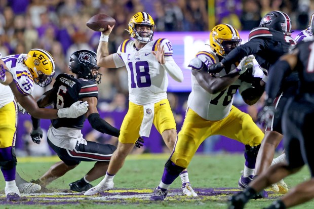 Garrett Nussmeier of the Louisiana State Tigers throws against the South Carolina Gamecocks at Tiger Stadium on October 11, 2025 in Baton Rouge, Louisiana. (Photo by Michael DeMocker/Getty Images)