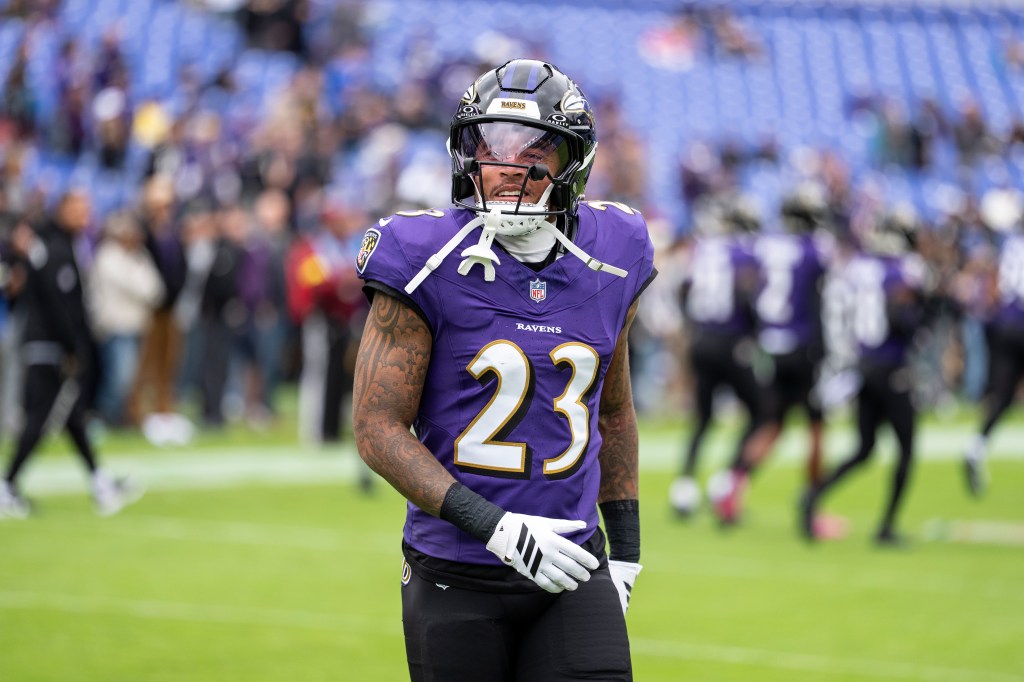 Jaire Alexander #23 of the Baltimore Ravens reacts prior to an NFL football game against the Los Angeles Rams at M&T Bank Stadium on October 12, 2025 in Baltimore, Maryland. 
