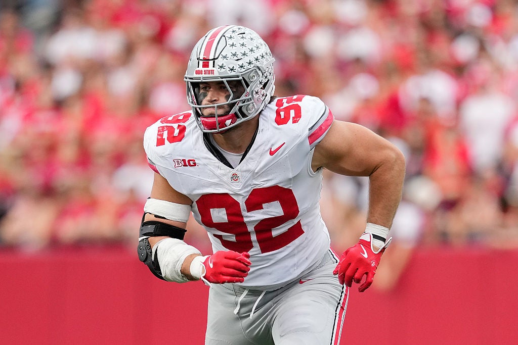 MADISON, WISCONSIN - OCTOBER 18: Caden Curry #92 of the Ohio State Buckeyes rushes the passer during the game against the Wisconsin Badgers at Camp Randall Stadium on October 18, 2025 in Madison, Wisconsin. (Photo by John Fisher/Getty Images)