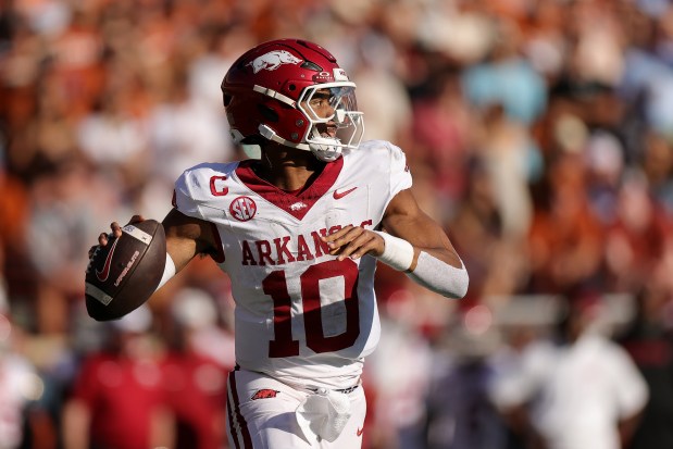 Taylen Green of the Arkansas Razorbacks passes the ball during the first half against the Texas Longhorns at Darrell K Royal-Texas Memorial Stadium on November 22, 2025 in Austin, Texas. (Photo by Alex Slitz/Getty Images)