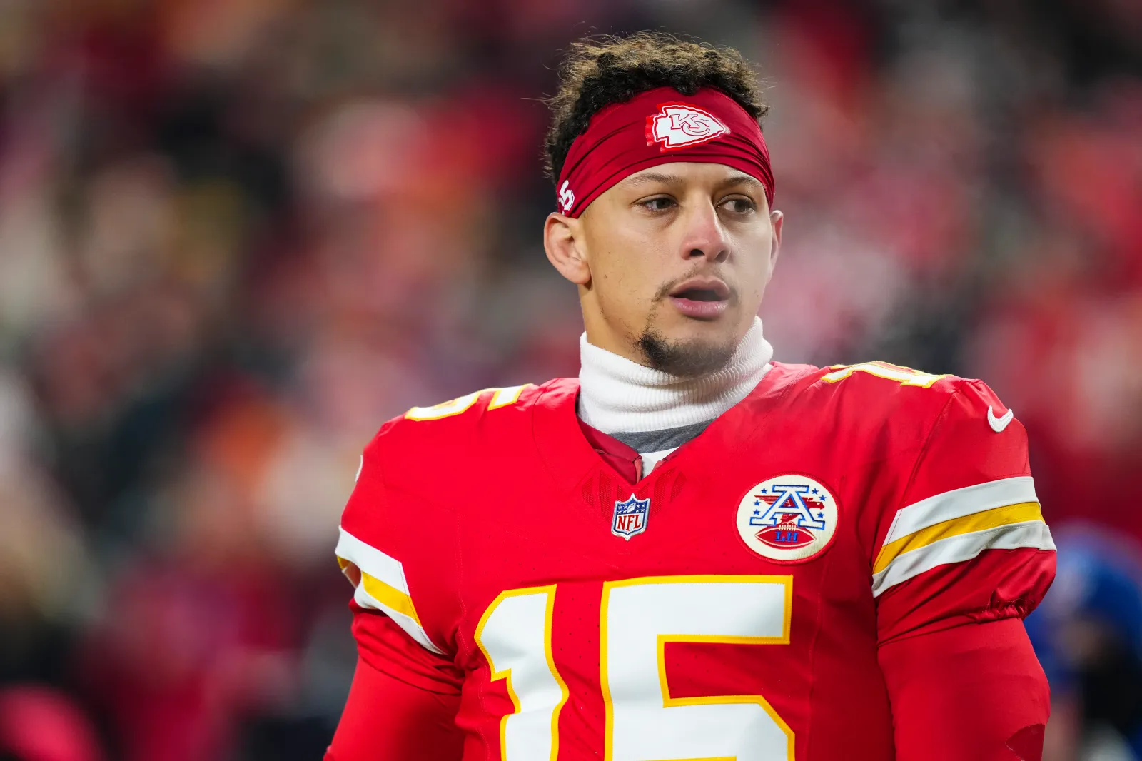 Patrick Mahomes #15 of the Kansas City Chiefs warms up prior to an NFL football game against the Houston Texans at GEHA Field at Arrowhead Stadium on December 7, 2025 in Kansas City, Missouri.
