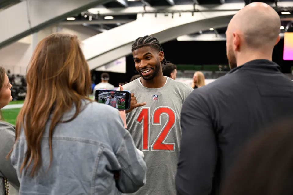 Shedeur Sanders #12 of the Cleveland Browns speaks to the media before the AFC Pro Bowl practice at Moscone Center South on February 02, 2026