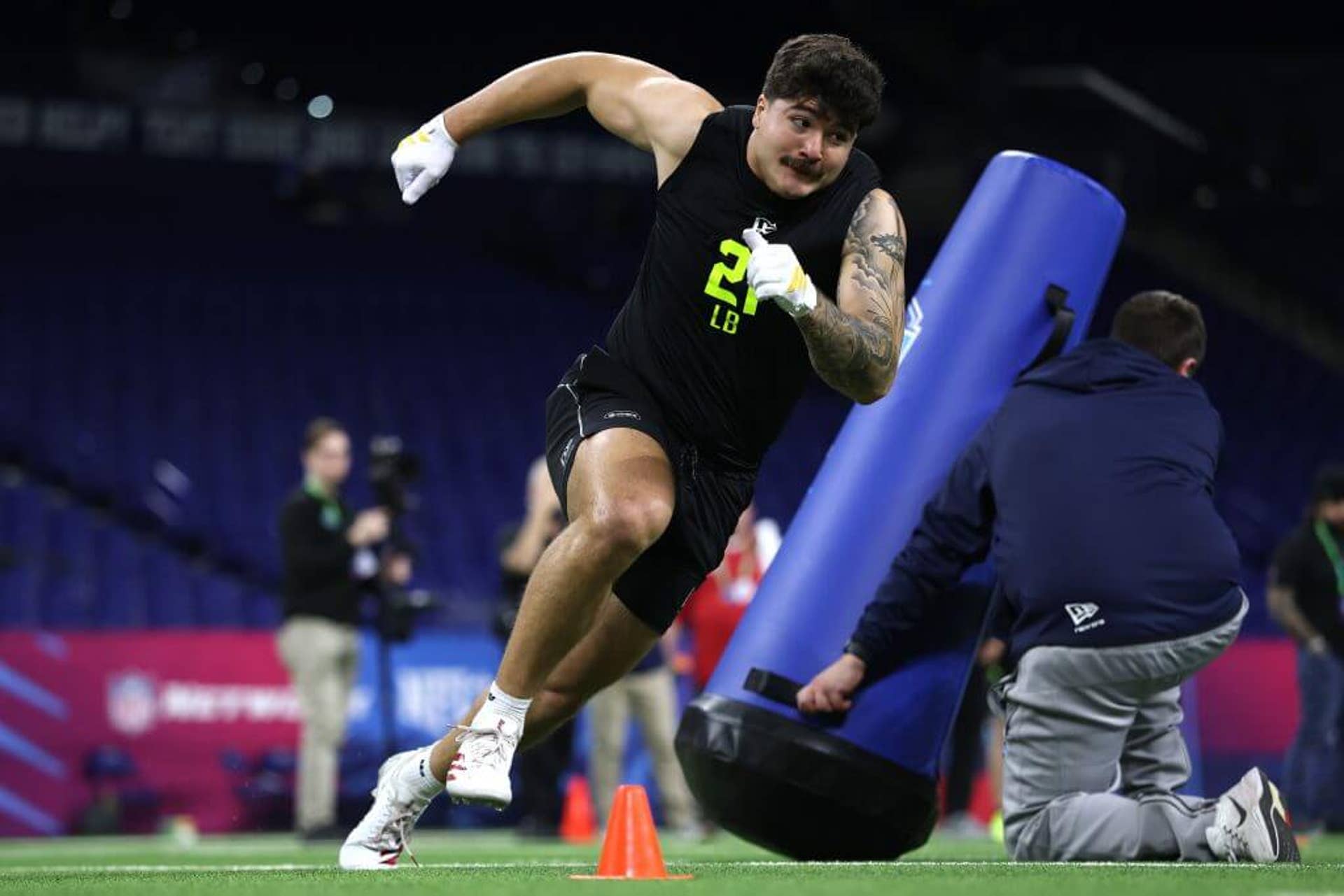 Texas Tech linebacker Jacob Rodriguez runs through a drill at the NFL Scouting Combine.
