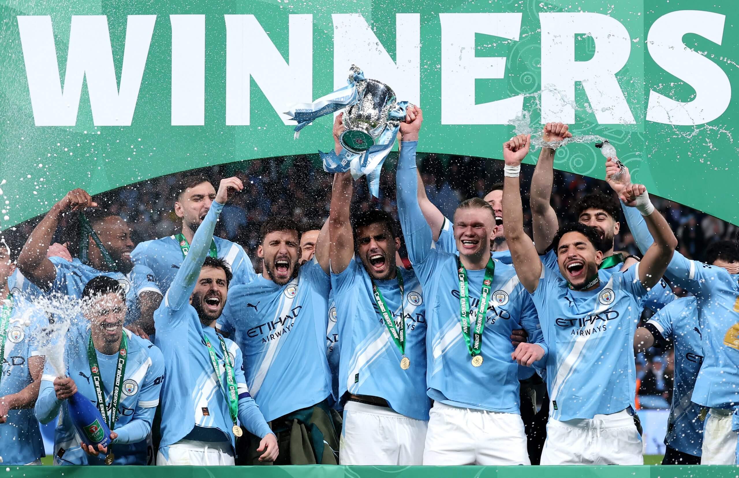 Manchester City lift the Carabao Cup trophy