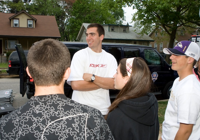 AUDUBON, NJ - APRIL 26:  Former Audubon High School star quarterback Joe Flacco greets neighbors after learning he was selected in the first round of the NFL Draft by the Baltimore Ravens as the 18th pick overall April 26, 2008 in Audubon, New Jersey.