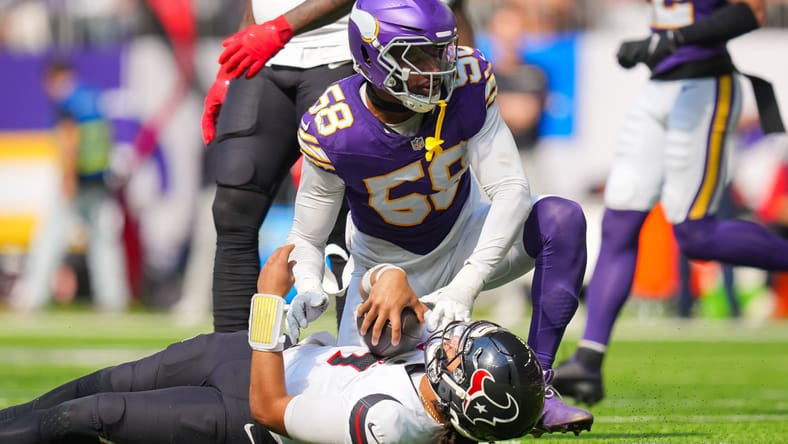 Jonathan Greenard sacking C.J. Stroud during a Vikings home game against Houston. Jonathan Greenard trade