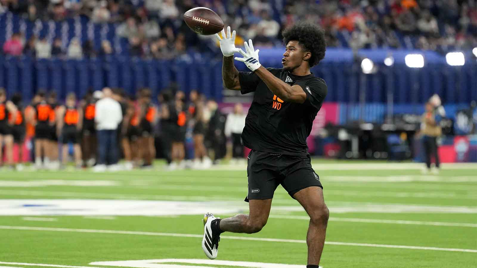 Texas A&M wideout KC Concepcion (WO16) during the NFL Scouting Combine at Lucas Oil Stadium.