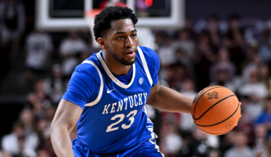 Mar 3, 2026; College Station, Texas, USA; Kentucky Wildcats forward Mouhamed Dioubate (23) controls the ball during the first half against the Texas A&M Aggies at Reed Arena. Mandatory Credit: Maria Lysaker-Imagn Images