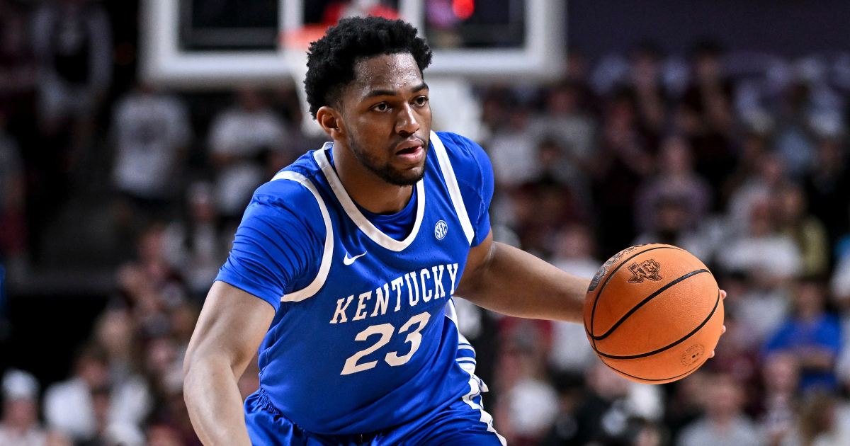 Mar 3, 2026; College Station, Texas, USA; Kentucky Wildcats forward Mouhamed Dioubate (23) controls the ball during the first half against the Texas A&M Aggies at Reed Arena. Mandatory Credit: Maria Lysaker-Imagn Images