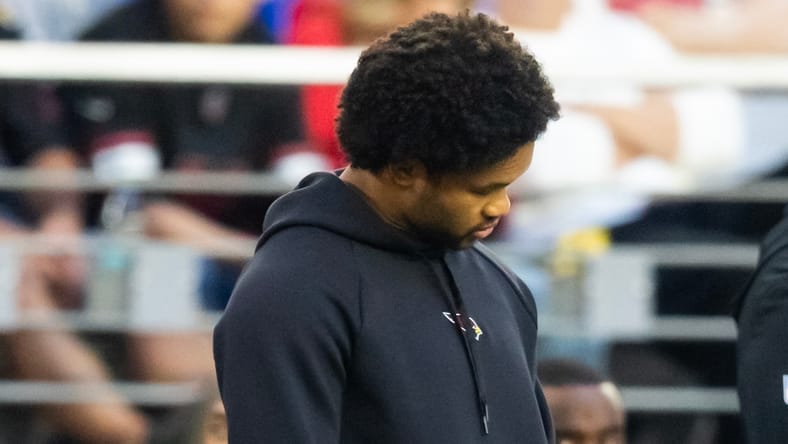 Kyler Murray reacts on the sideline during a Cardinals game against the Rams at State Farm Stadium. Kyler Murray Vikings