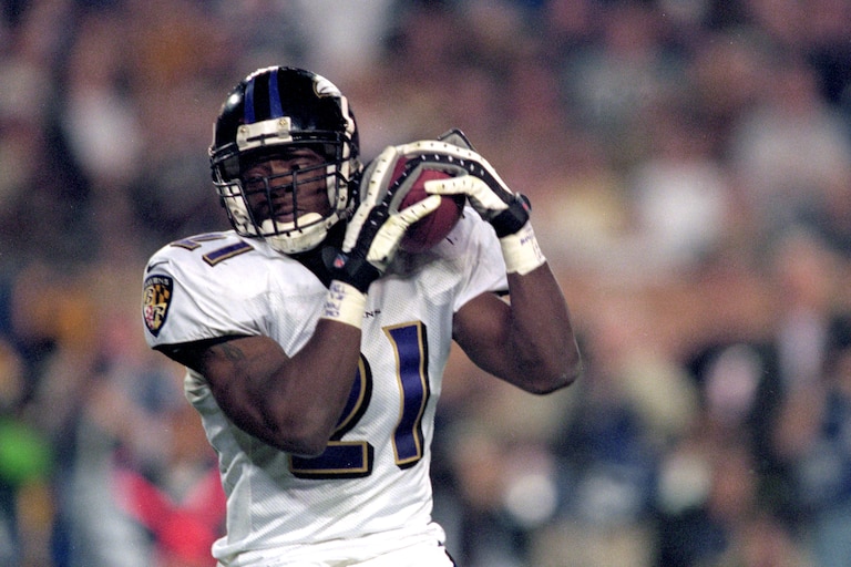 Chris McAlister #21 of the Baltimore Ravens intercepts the ball during the Super Bowl XXXV Game against the New York Giants at the Raymond James Stadium in Tampa, Florida.