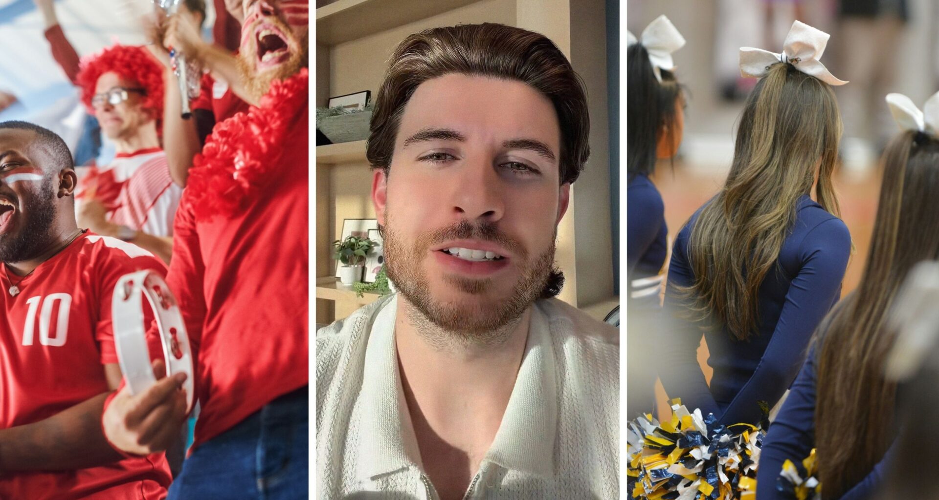 fans cheering from the stand (l) man shares creepy fans experience (c) cheerleader about to perform (r)