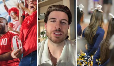 fans cheering from the stand (l) man shares creepy fans experience (c) cheerleader about to perform (r)