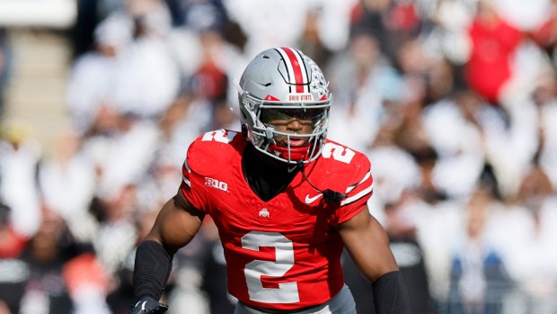 Ohio State defensive back Caleb Downs plays against Penn State during an NCAA football game on Saturday, Nov. 1, 2025, in Columbus, Ohio. (AP Photo/Jay LaPrete, File)