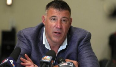 New England Patriots head coach Mike Vrabel speaks to reporters at the NFL football annual meetings, Tuesday, March 31, 2026, in Phoenix.