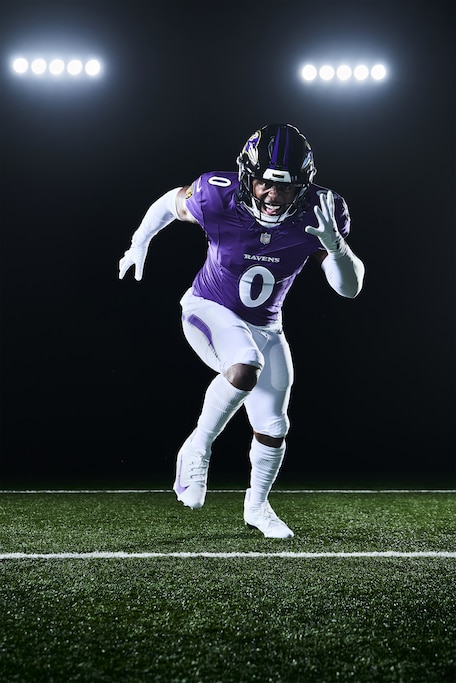Baltimore Ravens Roquan Smith models the newly-redesigned team uniform.
