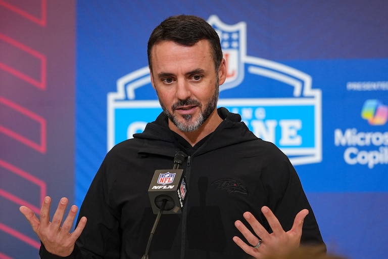 Baltimore Ravens head coach Jesse Minter speaks during a press conference at the NFL football scouting combine in Indianapolis, Tuesday, Feb. 24, 2026.