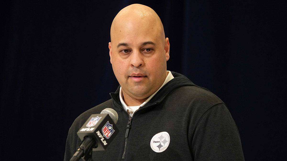Pittsburgh Steelers general manager Omar Khan speaks during the NFL Draft Scouting Combine at the Indiana Convention Center.