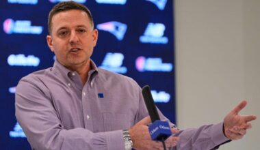 Eliot Wolf, the New England Patriots Executive Vice President of Player Personnel, answers questions during an NFL football media availability, Monday, April 13, 2026, in Foxborough, Mass.