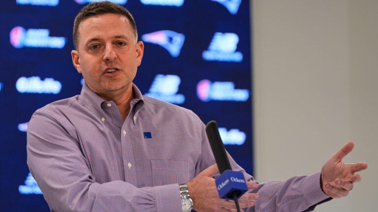 Eliot Wolf, the New England Patriots Executive Vice President of Player Personnel, answers questions during an NFL football media availability, Monday, April 13, 2026, in Foxborough, Mass.