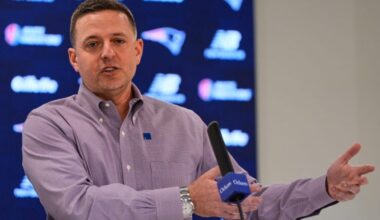 Eliot Wolf, the New England Patriots Executive Vice President of Player Personnel, answers questions during an NFL football media availability, Monday, April 13, 2026, in Foxborough, Mass.