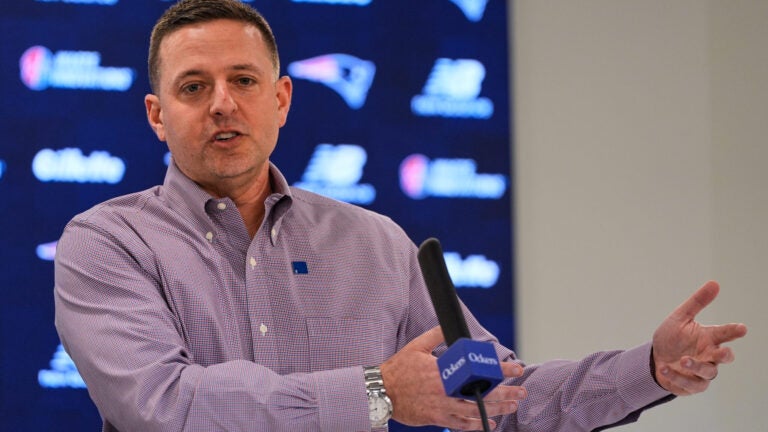 Eliot Wolf, the New England Patriots Executive Vice President of Player Personnel, answers questions during an NFL football media availability, Monday, April 13, 2026, in Foxborough, Mass.